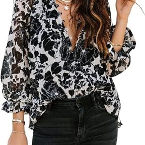 Womens Casual Boho Floral Print V Neck Long Sleeve Blouses Button Down Shirts Dressy Chiffon Loose Ruffle Tops